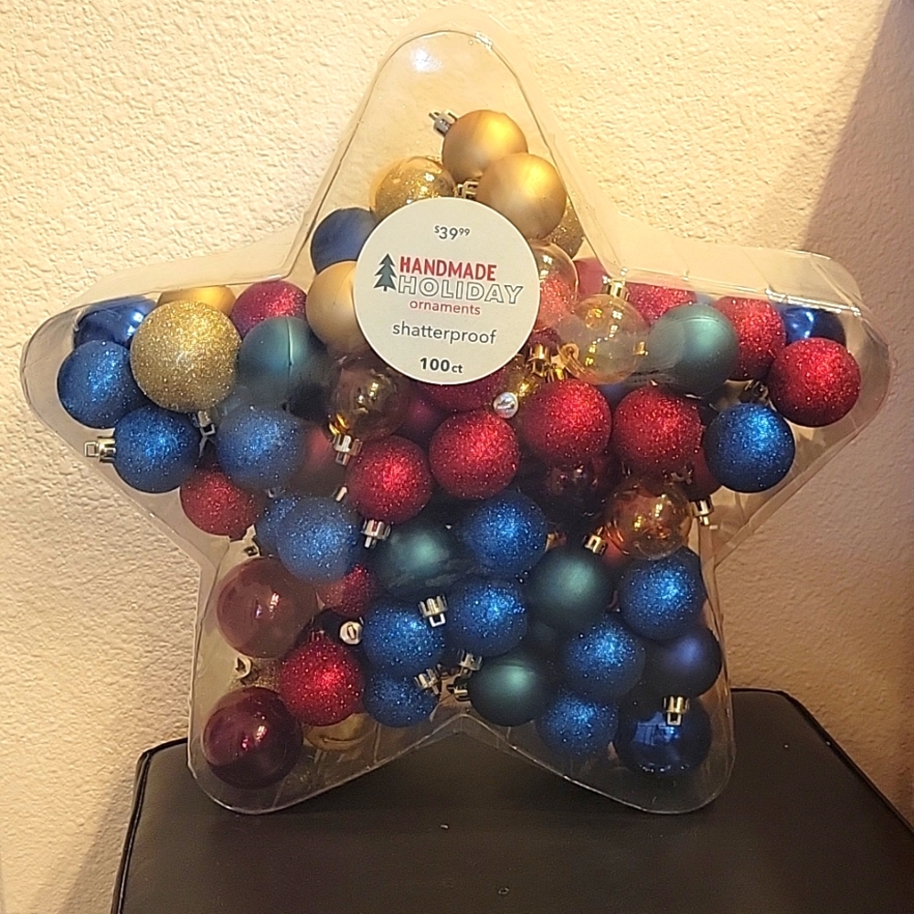 100 Handmade Holiday ornaments shatterproof.  NIB